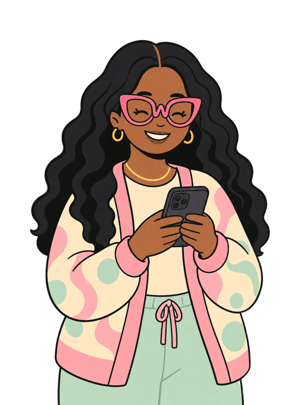 Illustration of a woman in pink cat-eye glasses smiling at her phone