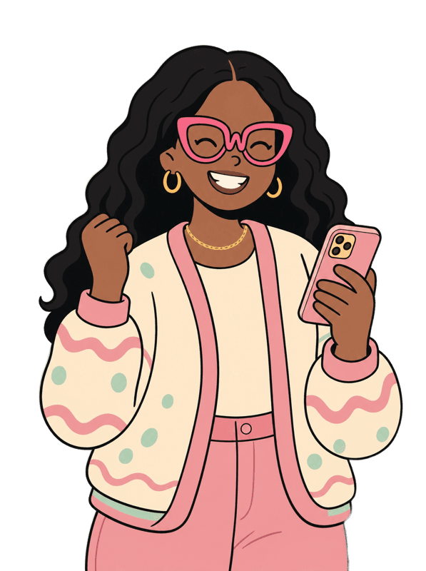 Illustration of a woman celebrating a win on her phone