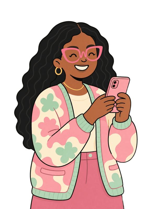 Illustration of a woman checking her money with coins around her phone