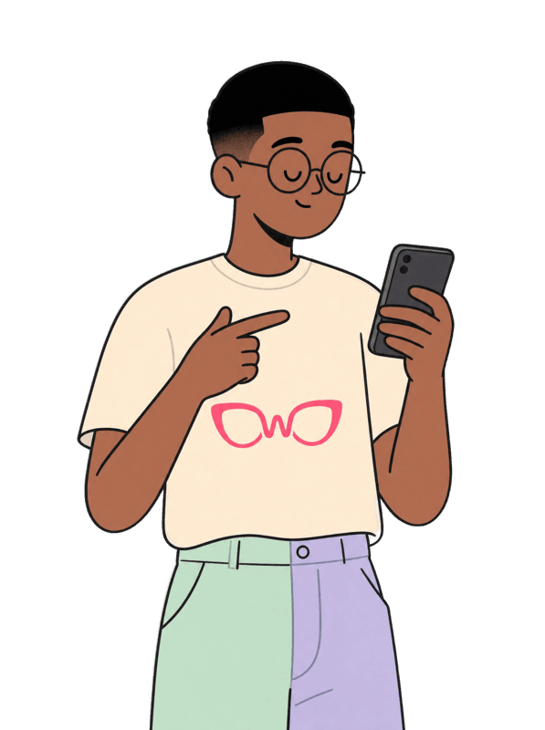 Illustration of a man pointing at the WealthMotley glasses on his tee