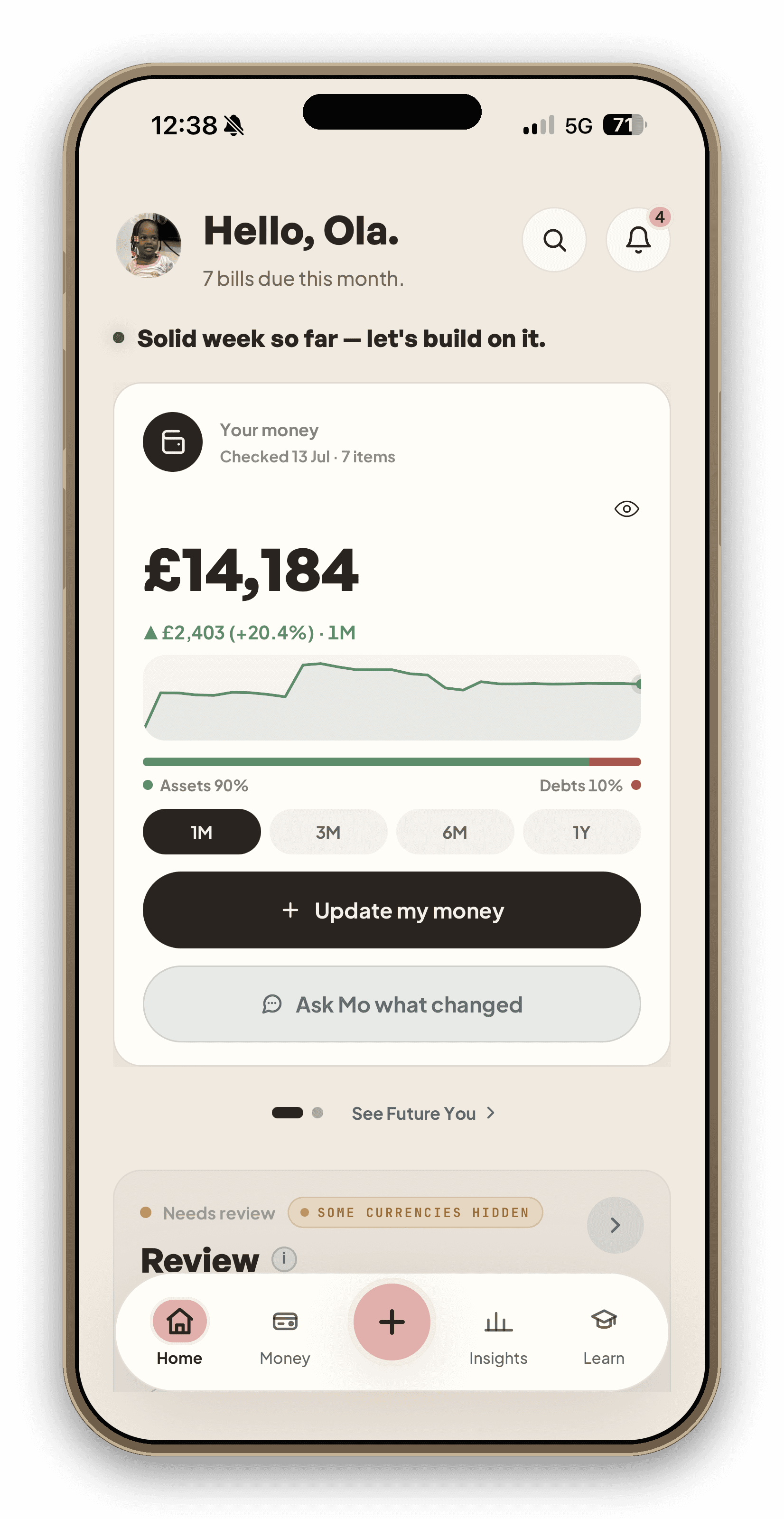 WealthMotley home screen — net worth, trend, and bills in one clear picture