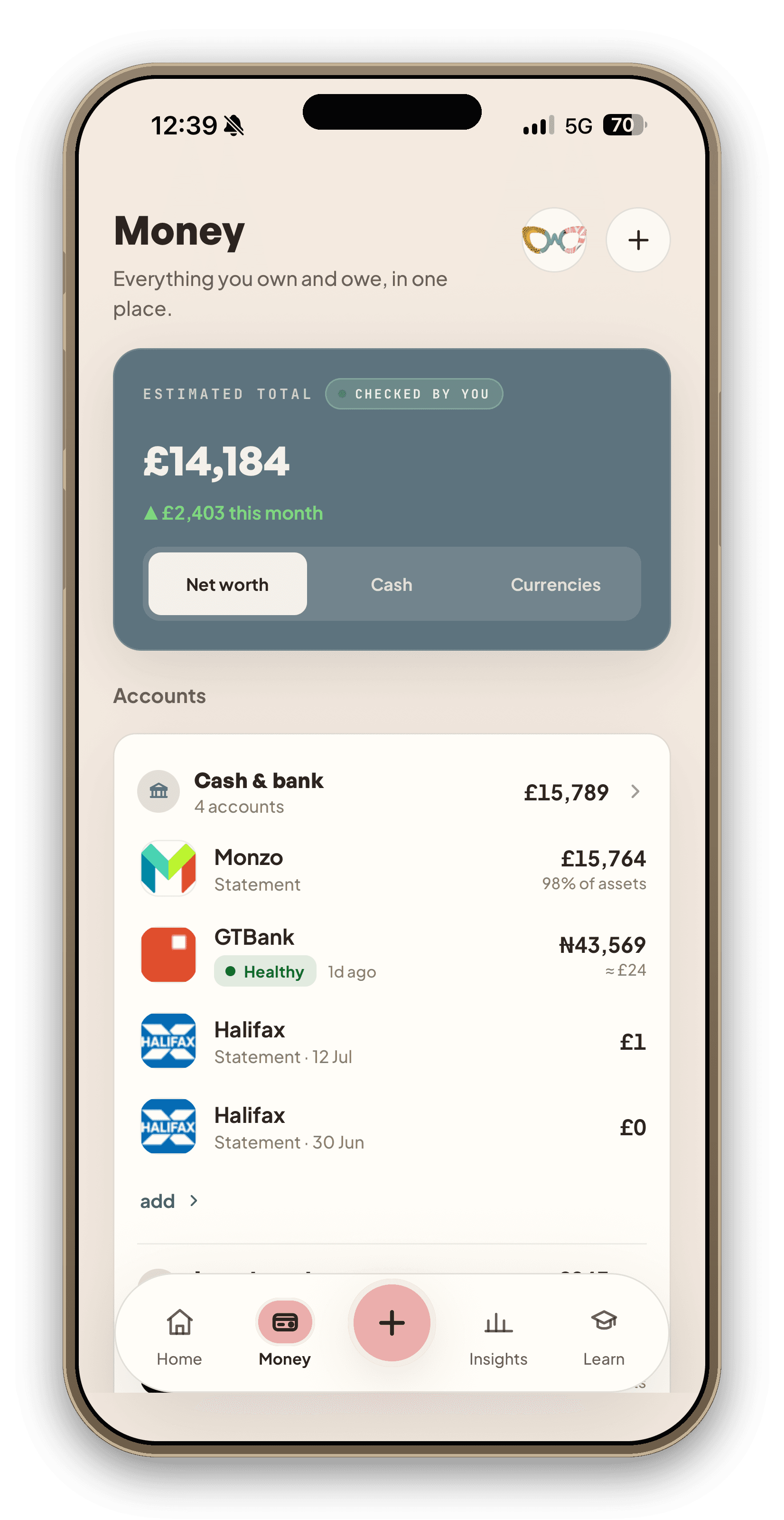 WealthMotley Money screen showing naira and pound accounts together with one estimated total