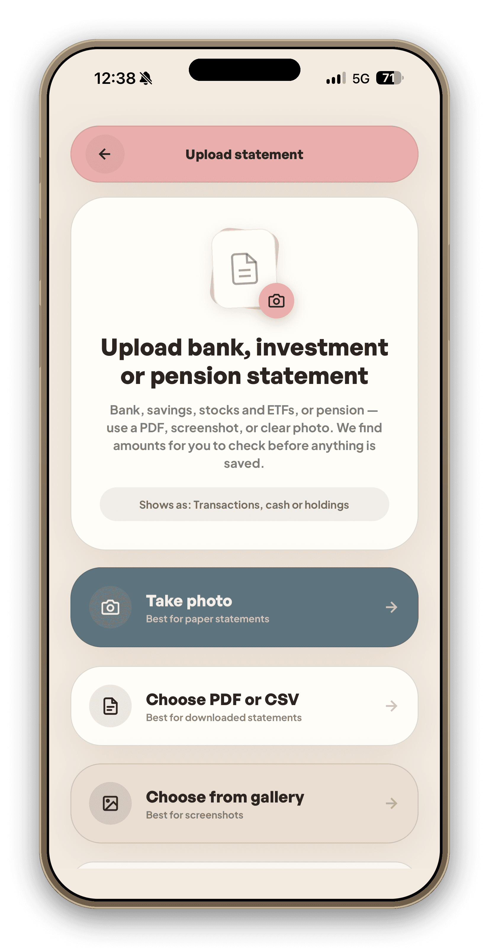WealthMotley upload screen for bank, investment or pension statements