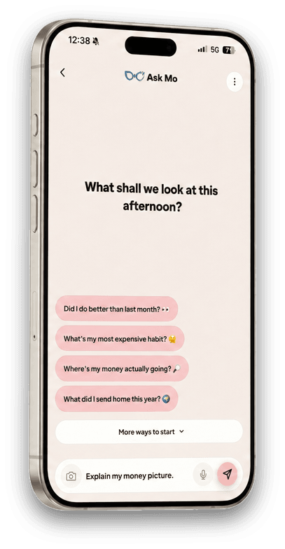 Ask Mo chat with questions about spending and money sent home