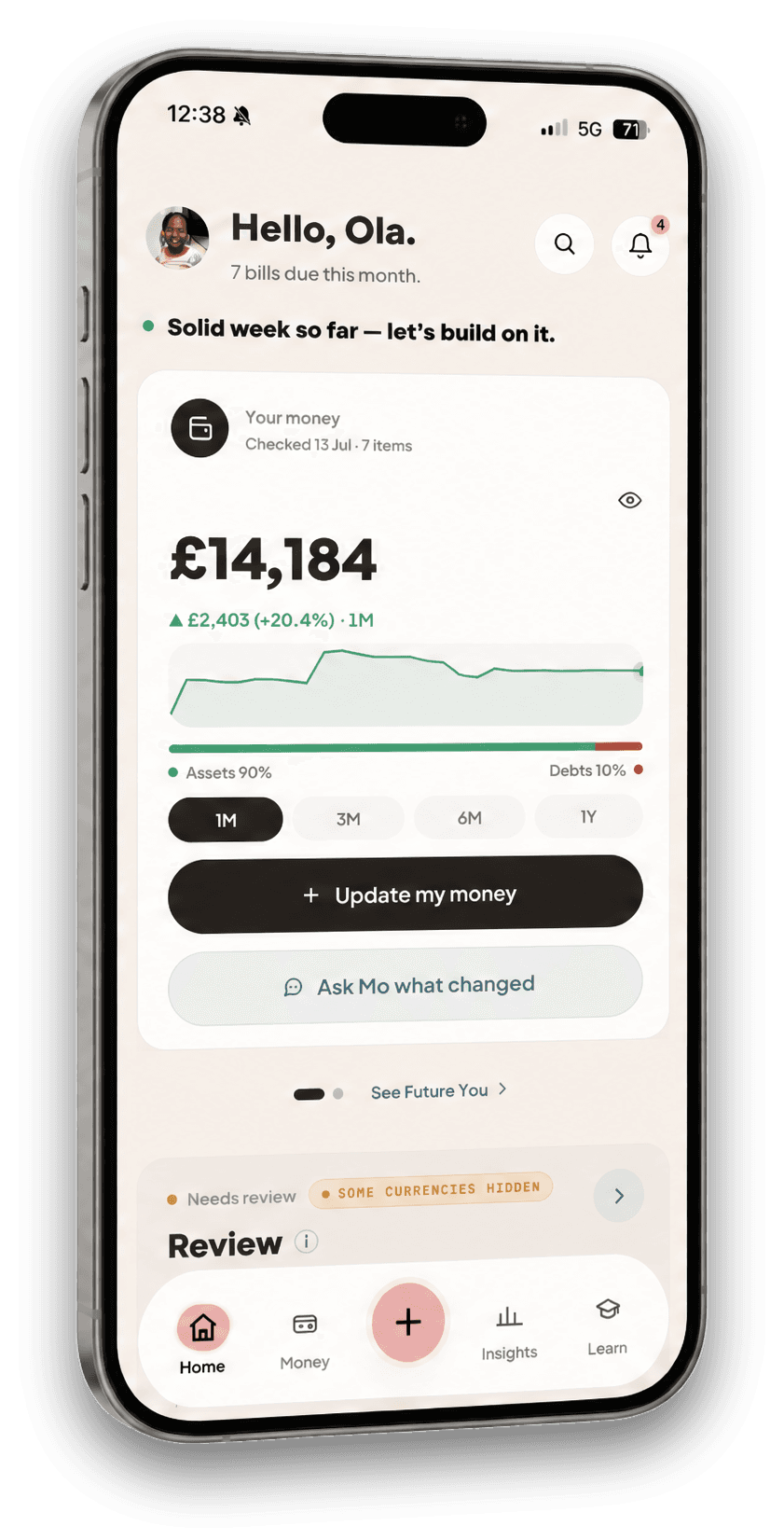 WealthMotley home screen showing £14,184, a monthly trend and assets versus debts